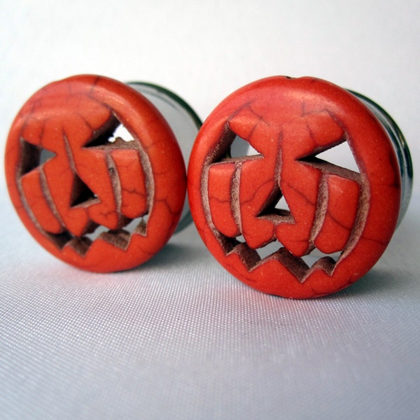 Pair of Orange Jack-O-Lantern Plugs - Halloween Gauges - Pumpkin Tunnels - 0g, 00g, 7/16", 1/2", 9/16”, 5/8", 3/4", 7/8", 1"