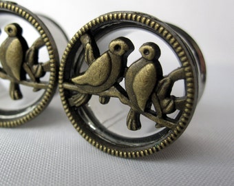 Pair of Antique Brass Bird Tunnels - Unique Girly Plugs - Feminine Gauges - 5/8" (16mm) - Wedding Bridal Jewelry