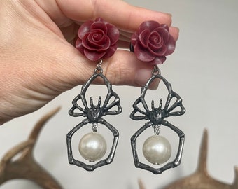One of a Kind Pair of Burgundy Spider Dangle Plugs - Halloween Gauges - 1/2” or 9/16” (12mm or 14mm)