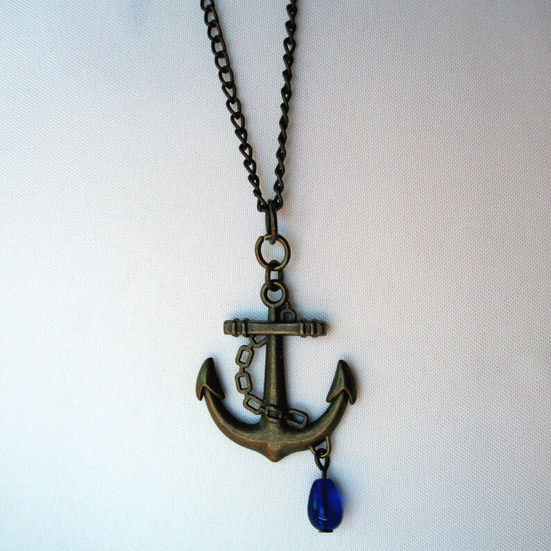 Antique Brass Necklace with Anchor Charm and Blue Glass Bead Etsy