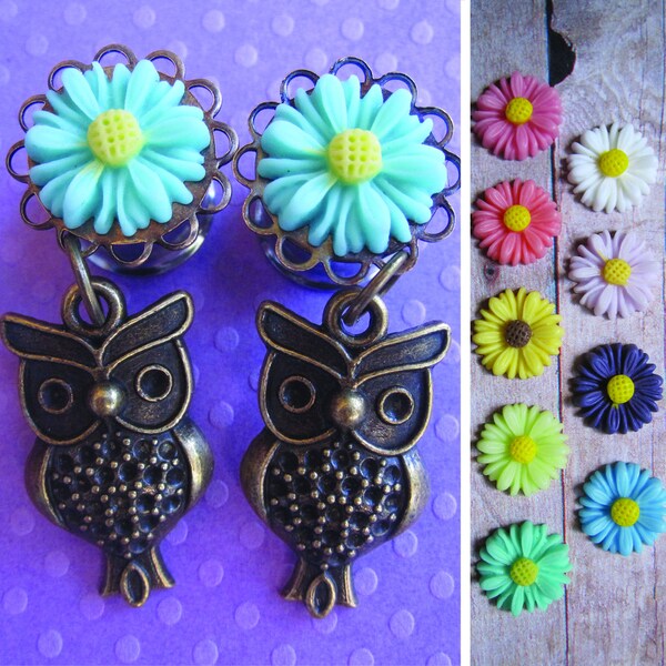 Pair of Daisy Plugs with Owl Charm Danglies - Girly Gauges - 4g, 2g, 0g, 00g, 7/16", post earrings (5mm, 6mm, 8mm, 10mm, 11mm)