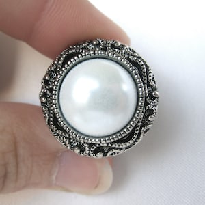Pair of Antique Silver and Pearl Button Plugs - Handmade Girly Gauges - Formal Bridal Prom 4g, 2g, 0g, 00g, 7/16", 1/2", 9/16", 5/8", 3/4"