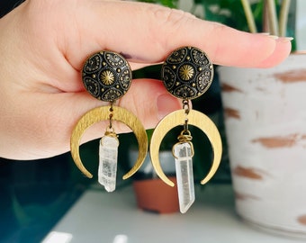 Bohemian Brass Moon and Quartz Plugs - Dangle Girly Gauges - Surgical Steel 10mm, 11mm, 12mm, 14mm, 16mm, 19mm, 22mm