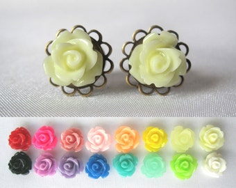 Pair of Delicate Rose Plugs - Handmade Girly Gauges - Formal - Bridal - Wedding - 8g, 6g, 4g, 2g, 0g, 00g (3mm, 4mm, 5mm, 6mm, 8mm, 10mm)