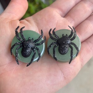 One of a Kind Pair of Green Jade and Spider Plugs Halloween Gauges 1 25mm OOAK image 1