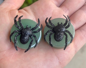 One of a Kind Pair of Green Jade and Spider Plugs - Halloween Gauges - 1" (25mm) OOAK