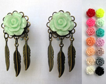 Pair of Rose Plugs with Antique Brass Feather Charms - Handmade Gauges - 4g, 2g, 0g, 00g, 7/16", 1/2" (5mm, 6mm, 8mm, 10mm, 11mm, 12mm)