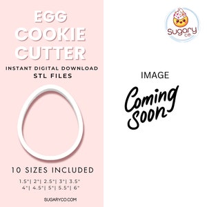 May include: A digital download of 10 STL files for an egg-shaped cookie cutter. The sizes included are 1.5 inches, 2 inches, 2.5 inches, 3 inches, 3.5 inches, 4 inches, 4.5 inches, 5 inches, 5.5 inches, and 6 inches.