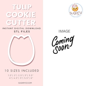May include: A digital download of 10 STL files for a tulip cookie cutter in sizes ranging from 1.5 inches to 6 inches. The image shows a white outline of the cutter on a pink background.