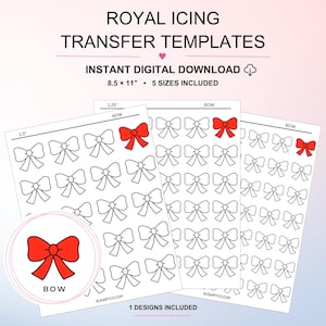 Pode incluir: Modelos de transferência para glacê real em download digital instantâneo, 21,59 x 27,94 cm, 5 tamanhos incluídos. As folhas apresentam vários desenhos de laços em contorno preto com um exemplo de laço vermelho por página. Um círculo mostra um laço vermelho.