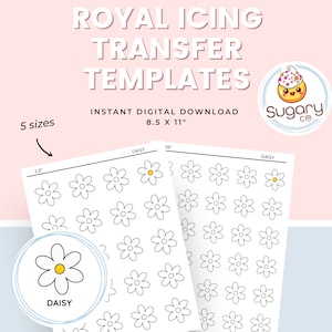 May include: Printable digital download of 5 sizes of daisy flower templates for royal icing transfer. The templates are on a white background and are ready to be printed on 8.5 x 11 inch paper.