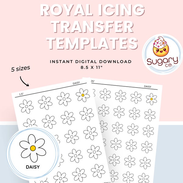 DAISY Royal Icing Transfer Sheets, Set of 5 Printable Sheets, Digital Download, Flower, Cookie Decorating