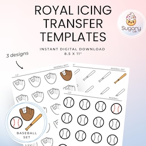 Baseball, Bat and Glove Royal Icing Transfer Sheets: Cookie Decorating Templates (Digital Download)
