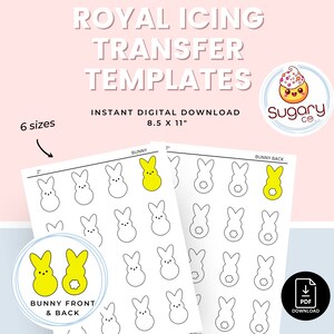 May include: Printable digital download of six sizes of bunny-shaped royal icing transfer templates. The templates are in black and white and feature a bunny with a tail and ears. The templates are 8.5 inches by 11 inches.