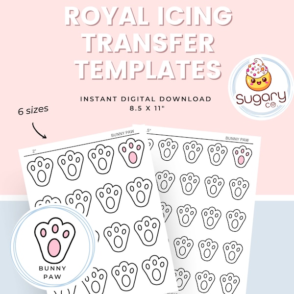 BUNNY PAW | FEET Royal Icing Transfer Sheets, Set of 6 Printable Sheets, Digital Download Bunny Paw Feet, Cookie, Cupcake & Cake Decorating