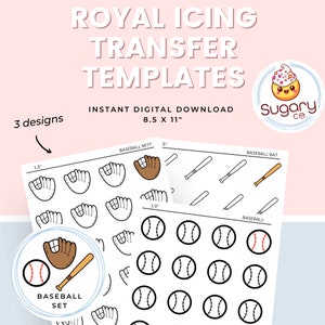 BASEBALL Set Royal Icing Transfer Sheets, Set of 5 Printable Sheets, 3 Designs, Baseball, Baseball Glove, Baseball Bat, Cookie Decorating