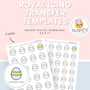 May include: Printable digital download of 5 sizes of Easter egg royal icing transfer templates. The templates are on white paper with black outlines and include a yellow and blue Easter egg design.