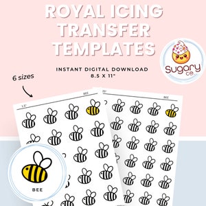 May include: Printable digital download of six sizes of bee royal icing transfer templates. The templates are black and white with a yellow bee in the center. The text "BEE" is written below the bee.