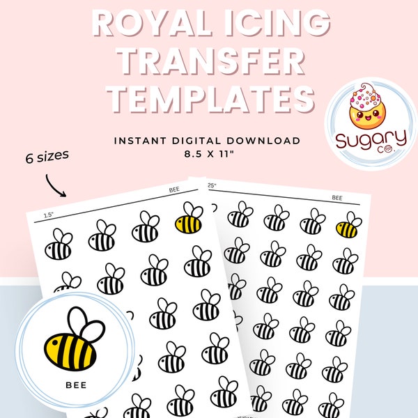 BEE Royal Icing Transfer Sheets, Set of 6 Printable Sheets, Digital Download, Bee,  Cookie Decorating, Royal Icing Transfer Templates.