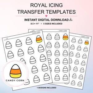 Puede incluir: Plantillas de transferencia de glaseado real con formas de dulces de maíz. La descarga digital incluye hojas de 21,59 x 27,94 cm con 5 tamaños de contornos. Cada hoja presenta filas de iconos en blanco y negro con un ejemplo a color.