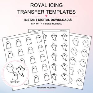 Puede incluir: Plantillas de transferencia para glaseado real con tres diseños de fantasmas distintos en hojas de 21,6 x 27,9 cm. Esta descarga digital incluye cinco tamaños para cada forma de fantasma, sirviendo como guía para decorar galletas.
