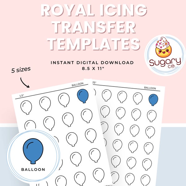 BALLOON Royal Icing Transfer Sheets, Set of 5 Printable Sheets, Digital Download balloon, Cookie Decorating, Birthday Balloon icing template