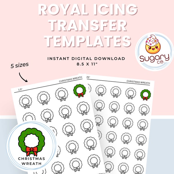 CHRISTMAS WREATH Royal Icing Transfer Sheets, Set of 5 Printable Sheets, Digital Download Winter Christmas, Cookie Decorating