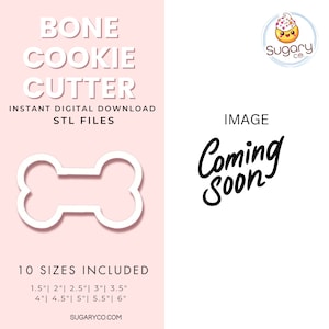 May include: A digital download of 10 STL files for a bone-shaped cookie cutter. The image shows a white bone-shaped cookie cutter on a pink background. The sizes included are 1.5 inches, 2 inches, 2.5 inches, 3 inches, 3.5 inches, 4 inches, 4.5 inches, 5 inches, 5.5 inches, and 6 inches.