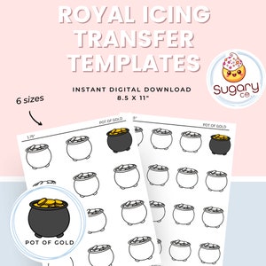 Puede incluir: Plantillas de transferencia de glaseado real imprimibles para un diseño de olla de oro. La hoja de plantilla incluye seis tamaños diferentes del diseño de olla de oro, que van desde 1,75 pulgadas hasta 5 pulgadas. La hoja de plantilla mide 8,5 pulgadas por 11 pulgadas.