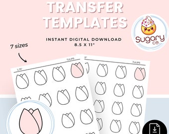 TULIPS Royal Icing Transfer Template Sheets, Set of 7 Printable Sheets, Digital Download TULIP Template, Cookie, Cupcake & Cake Decorating,