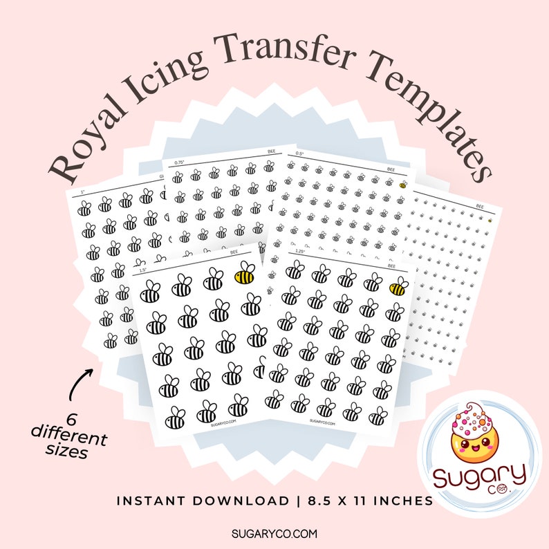 BEE Royal Icing Transfer Sheets, Set of 6 Printable Sheets, Digital Download, Bee, Cookie Decorating, Royal Icing Transfer Templates. image 2