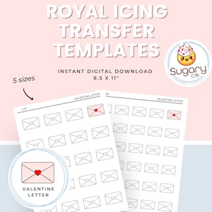 CARTA / SOBRE Hojas de transferencia de Royal Icing, Conjunto de 5 hojas imprimibles, Descarga digital Carta del Día de San Valentín, sobre, Decoración de galletas