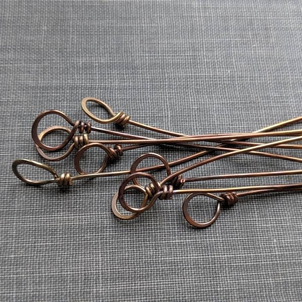 Oxidized Brass Wrapped Loop Headpins- 20 gauge, set of 10- 3 inch fancy eye pins