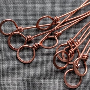 Raw Copper Wrapped Loop Headpins- set of 10, 20 guage, 3 inch fancy eye pins