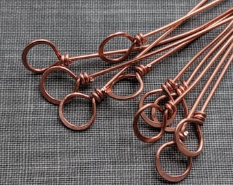 Raw Copper Wrapped Loop Headpins- set of 10, 20 guage, 3 inch fancy eye pins