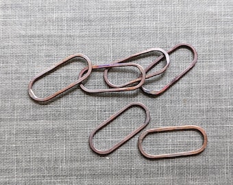 Small firescale copper elongated oval hoop links- set of 6 handmade findings, jewelry supplies, capsule shaped long drop copper components