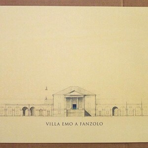 Könnte beinhalten: Eine Schwarzweiß-Zeichnung der Villa Emo a Fanzolo, einer großen italienischen Villa mit einer zentralen Fassade und zwei Flügeln, die sich zu den Seiten erstrecken. Die Zeichnung befindet sich auf einem hellgelben Hintergrund.