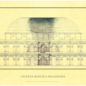 Small Palladio print 20x12.5in Basilica Palladiana, Vicenza in yellow/giallo. Signed by author