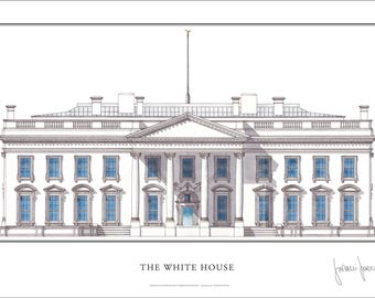 White House Pennsylvania Avenue Watercolor Print, Signed Architecture Art
