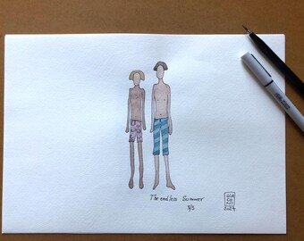 Boy and Boy Watercolor Ink Drawing, Limited Edition A4