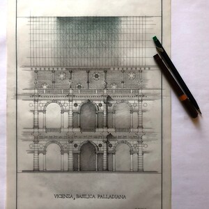 Basilica Palladiana downtown Vicenza/Italy, by Andrea Palladio, A3 size, handmade pencil on vellum/lucido Italy. 2022 signed.