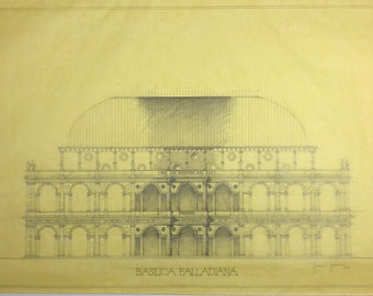 The Basilica Palladiana downtown Vicenza, by Palladio, handmade pencil on yellow trace paper. 2020 signed.