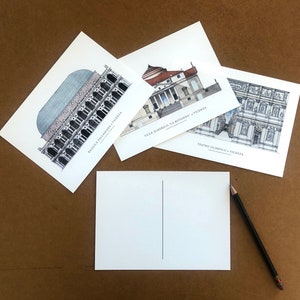 Ensemble de 3 cartes postales Palladio/Palladiennes. Basilique, Rotonde, Olympique, sur papier 200gr couleur ivoire, taille: 7 1/8x 51/8 pouces