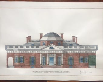 Large original watercolour of Thomas Jefferson's Monticello Virginia USA 28x19.5in Signed by author