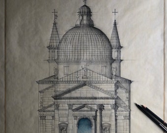 The Redentore church (1577) in Venice by Andrea Palladio, handmade pencil on yellow/canary trace paper Italy. 2024 signed.