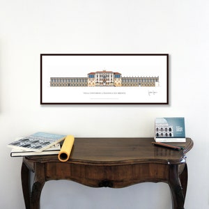 Grotere Palladio-poster Villa Contarini op Piazzola sul Brenta Gesigneerd door auteur. Afmeting: 35 3/4 x 13 3/4 in (90 x 35 cm)