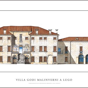 Extra grote Palladio-poster Villa Godi Malinverni in Lugo (Vicenza) Gesigneerd door auteur. Maat 35 1/2 x 13 3/4 inch