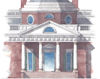 Monticello, Thomas Jefferson, Virginia, Watercolor Original Art, Signed A3 Size, Made in Italy