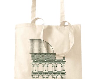 Screen Printed Palladian Tote Bag, Vicenza Basilica Palladiana Design, Dark Green Off White