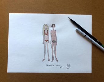 Summer Couple Watercolor Illustration, India Ink Drawing, Signed Limited Edition